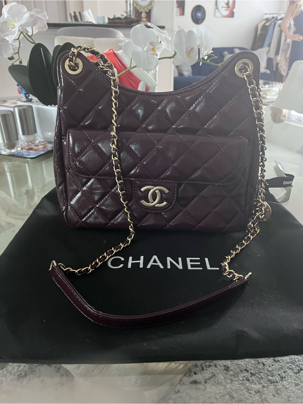 CC Quilted Shoulder Bag in Deep Plum with Gold Hardware